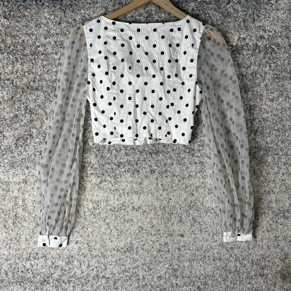 Staud Shirt Womens 6 White Black Polka Dot Sheer Mesh Sleeve Crop Top Blouse - Picture 8 of 9